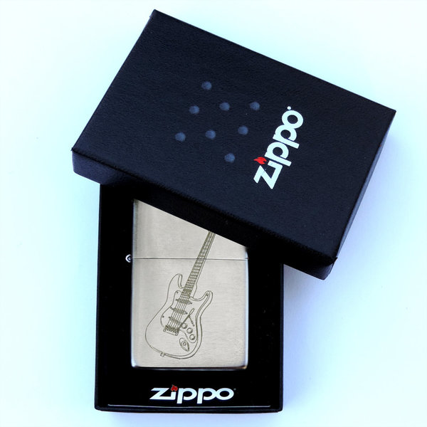 Zippo Brush Chrom gebürstet: "E-Gitarre  +Gravur eines Vornamens auf der Rückseite