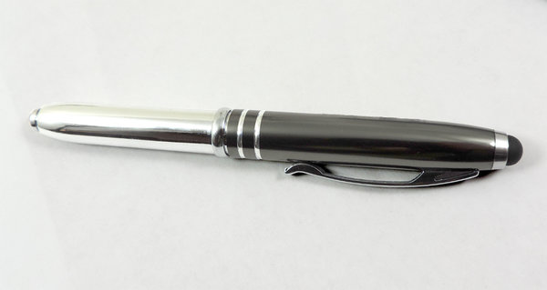 LED – Kugelschreiber anthrazit mit LED-Licht und Soft-Touchpen für Handy oder Tablet