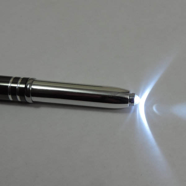 LED – Kugelschreiber anthrazit mit LED-Licht und Soft-Touchpen für Handy oder Tablet