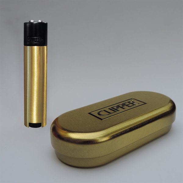 Clipper Metall Gas-Feuerzeug  (goldfarbe mit schwarzem Top) mit Gravur