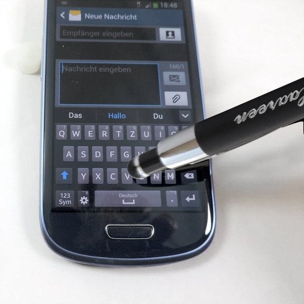Eleganter Celena Kugelschreiber mit LED, schwarzer Soft-Touchpen für Handy oder Tablet mit Gravur