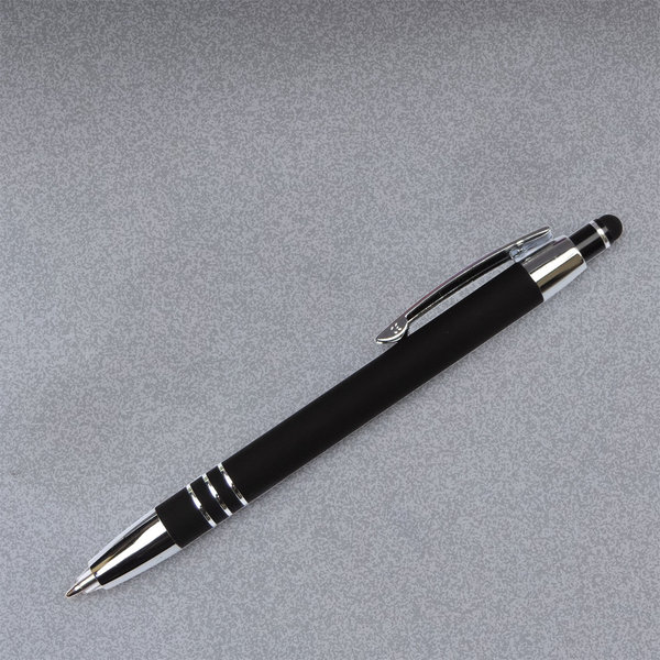 Eleganter Celena Kugelschreiber mit LED, schwarzer Soft-Touchpen für Handy oder Tablet mit Gravur